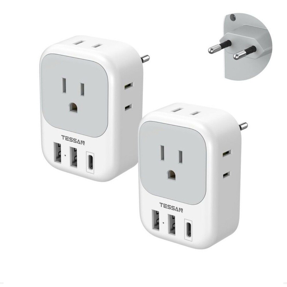 2 Pack European Travel Power Plug Adapter with Multi Outlet USB C to Spain Italy